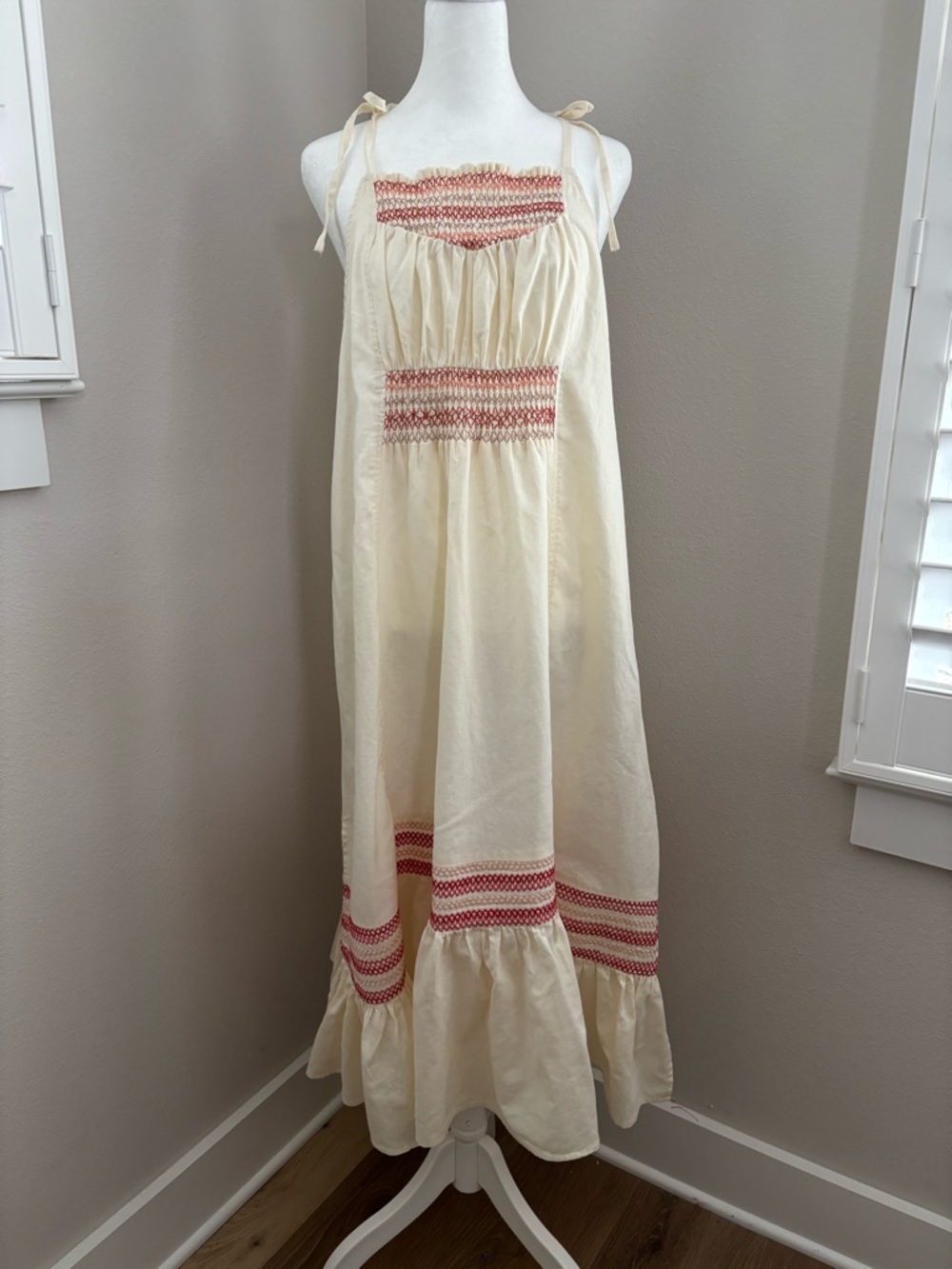 Free People Cream Midi Dress with Red Smocked Detail